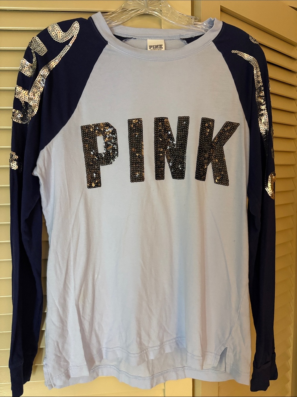 PINK Victoria's Secret Light Blue Long-Sleeve Raglan with Navy Sequin Accents